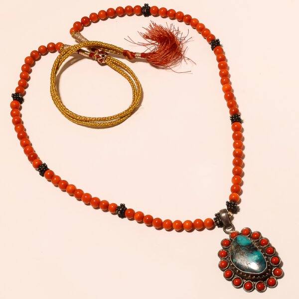 VINTAGE BEAUTIFUL CORAL NECKLACE WITH SILVER BEADS AND TURQUOISE,CORAL PENDANT