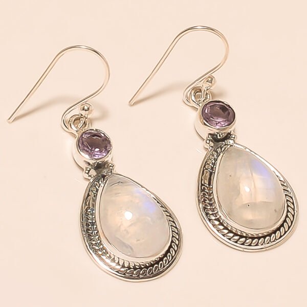 92.5 STERLING SILVER BEAUTIFUL AMETHYST,MOON STONE DROP EARRING