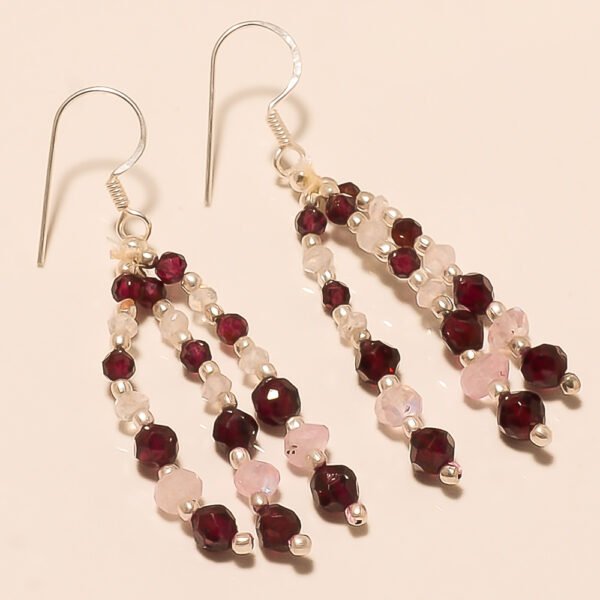 VINTAGE 92.5 STERLING SILVER BEAUTIFUL RUBY AND ROSE QUARTZ DROP EARRING