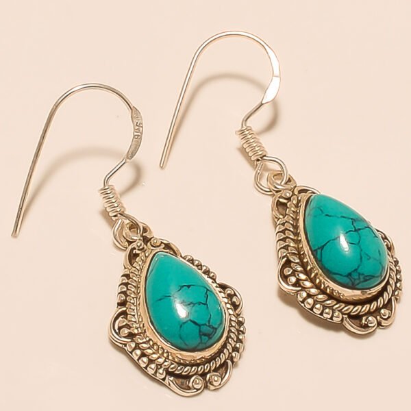 VINTAGE 92.5 STERLING SILVER CARVED BEAUTIFUL TURQUOISE DROP EARRING