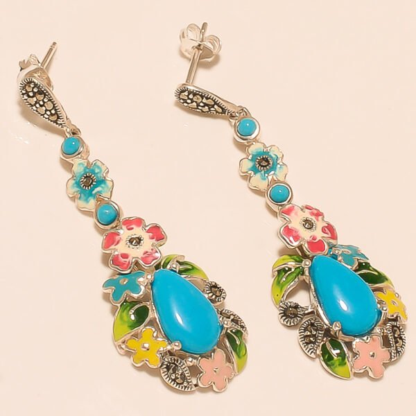 VINTAGE 92.5 STERLING SILVER CARVED BEAUTIFUL TURQUOISE DROP EARRING