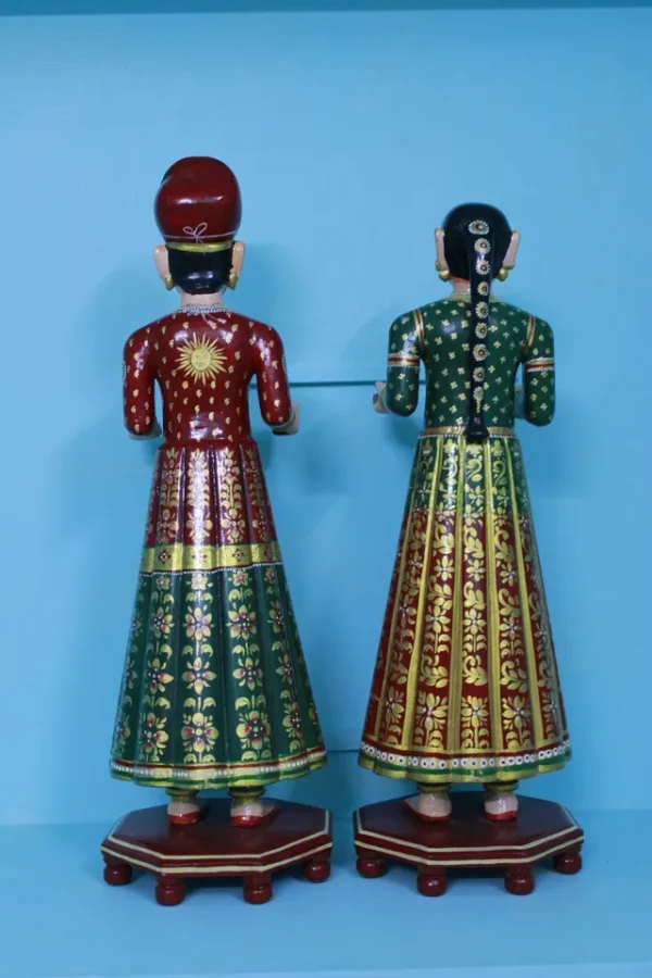 Beautifully carved painted couple of gangaur dolls made of wood, souvenir gift - Image 3