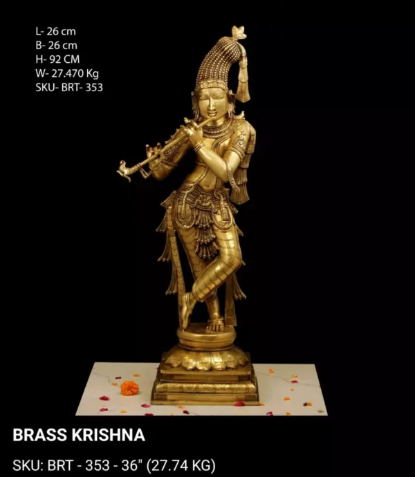 Lord Krishna Brass Statue Playing Flute, Home Decor For Pooja