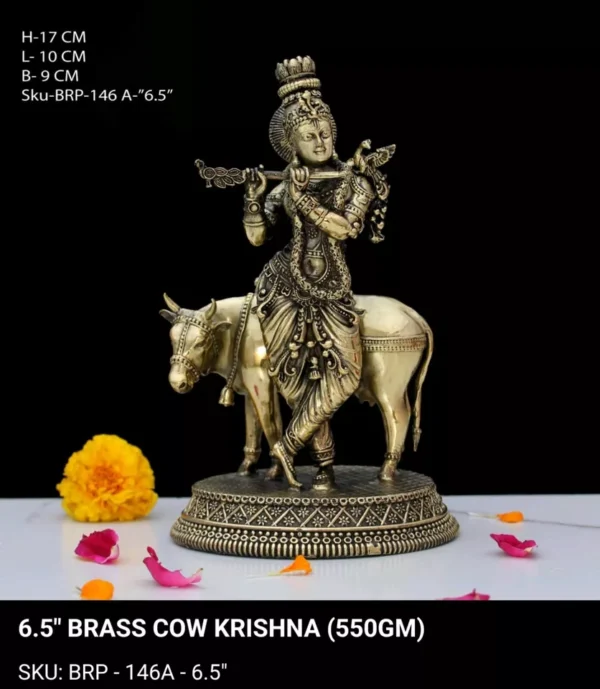 Brass Krishna with Cow Statue for Home Mandir, Decorative Showpiece Good Luck