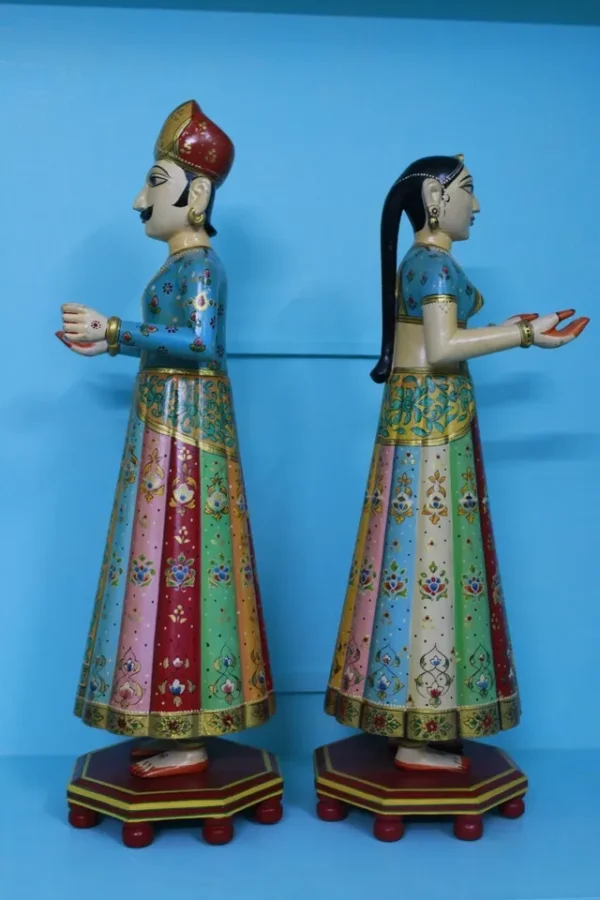 Beautifully carved painted couple of gangaur dolls made of wood, souvenir gift - Image 3